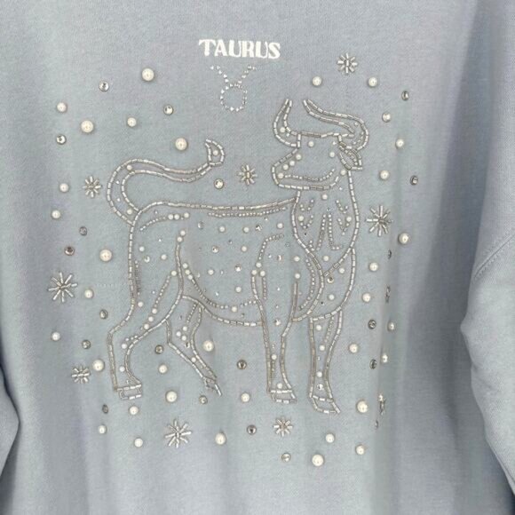 Forever 21 Taurus Zodiac Embroidered Beaded Pearl Oversized Sweater NWT Size M - Picture 3 of 6